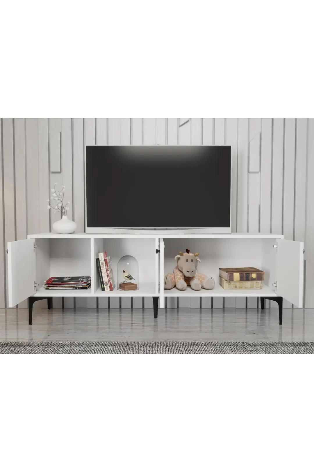 Hira 160 Cm Metal Ayaklı Tv Ünitesi - Beyaz / Siyah